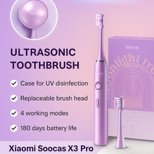 Soocas X3 Pro Elektrische Zahnbürste – Für empfindliche Zähne, UV-Etui + 1 Ersatzkopf – Lila