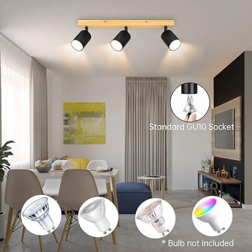 Drehbare LED-Deckenleuchte Kambo mit 3 Brennern (Schwarz und Holz)