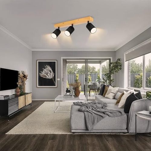 Drehbare LED-Deckenleuchte Kambo mit 3 Brennern (Schwarz und Holz)