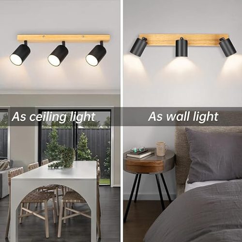 Drehbare LED-Deckenleuchte Kambo mit 3 Brennern (Schwarz und Holz)