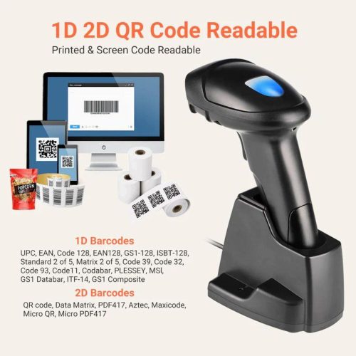 Tera D6100 kabelloser 2D-Barcode-Scanner mit Ladestation (schwarz)