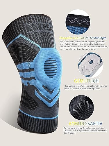 Rokesa Kniebandage, professionelle Schmerzlinderung mit Seitenstabilisatoren und Patella-Gel, Größe 2XL (Babyblau)