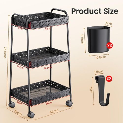 PKBD 3-stöckiger Rollcontainer aus Metall mit feststellbaren Rädern, praktische Aufbewahrung für die Küche – Schwarz