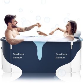  BLux 120 cm faltbare Badewanne für Erwachsene mit Aufschrift „Good Luck Bathtub“ – Wärmedämmend, Blau - Weiß