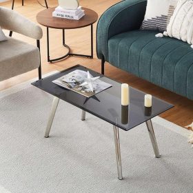   OFCASA Couchtisch aus schwarzem Glas für Wohnzimmer – Schwarz