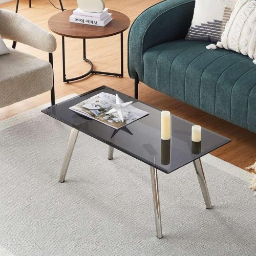 OFCASA Couchtisch aus schwarzem Glas für Wohnzimmer – Schwarz