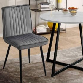   Esszimmerstühle, 2Samt-Esszimmerstühle, gepolsterter Sitz mit schwarzen Metallbeinen, Grau