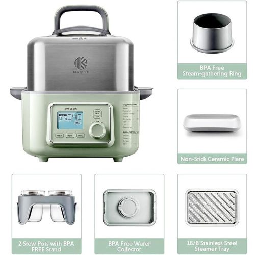Buydeem G564 Elektrischer Multifunktions-Dampfgarer mit Kochtöpfen, 5l (grün)