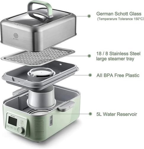 Buydeem G564 Elektrischer Multifunktions-Dampfgarer mit Kochtöpfen, 10 l (grün)