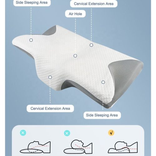 Blux Ergonomisches Nacken- und Schlafkissen aus Memory-Schaum in Schmetterlingsform – 56×32×10 cm, Grau – Weiß