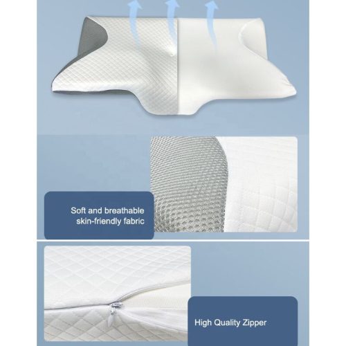 Blux Ergonomisches Nacken- und Schlafkissen aus Memory-Schaum in Schmetterlingsform – 56×32×10 cm, Grau – Weiß
