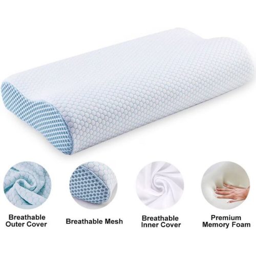 Blux Orthopädisches Nackenkissen aus Memory-Schaum – Hypoallergen, mit waschbarem Bezug, 55×35 cm, Weiß - Blau
