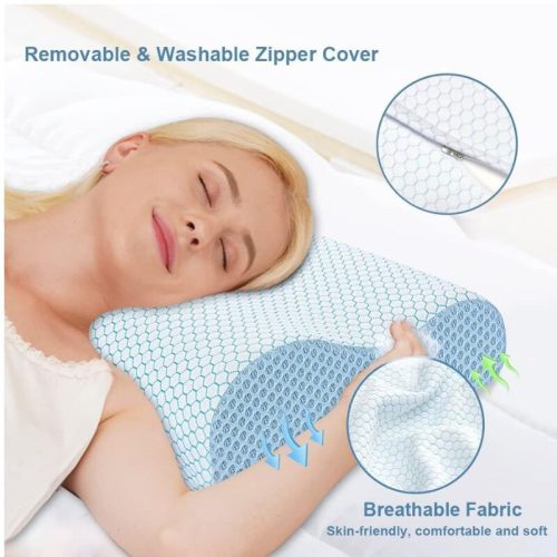 Blux Orthopädisches Nackenkissen aus Memory-Schaum – Hypoallergen, mit waschbarem Bezug, 55×35 cm, Weiß - Blau