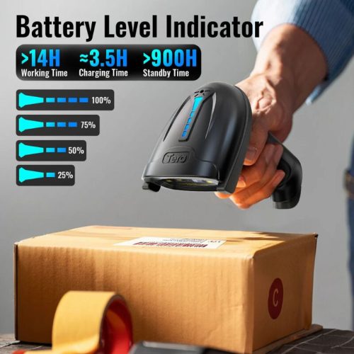 Tera 5100 Laser 1D Kabelloser Barcodescanner – USB, große Reichweite, robustes Design – Schwarz