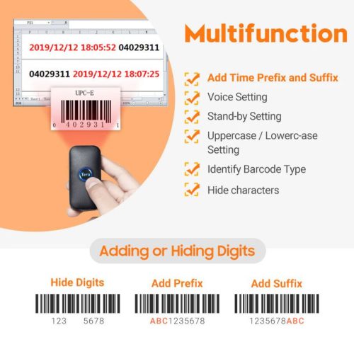 Tera 5200C Mini-Laser-1D-Bluetooth-Barcodescanner – Kabellose, USB- und 2,4-GHz-Verbindung, große Reichweite und Speicherkapazität