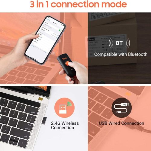 Tera Mini Tragbarer 1D-CCD-Barcodescanner – Bluetooth-, 2,4-GHz-Funk- und USB-Anschluss