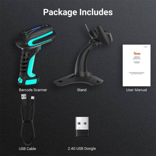 Tera 8100 1D/2D/QR Kabelloser Barcode-Scanner – Mit Bluetooth- und USB-Anschluss, große Reichweite – Blau