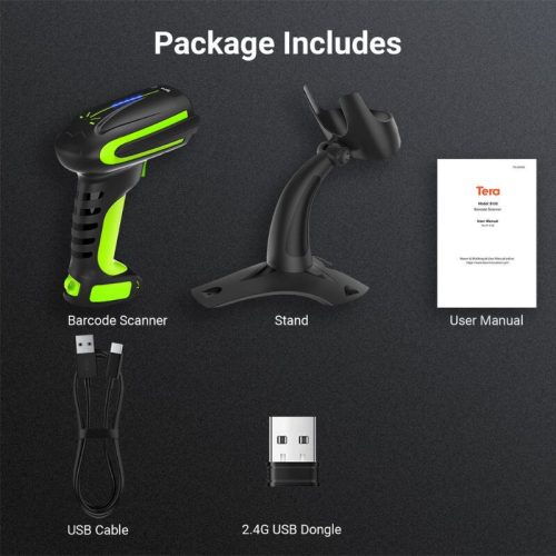 Tera 8100 Kabelloser 1D/2D/QR-Barcodescanner mit Bluetooth und USB-Anschluss, Grün