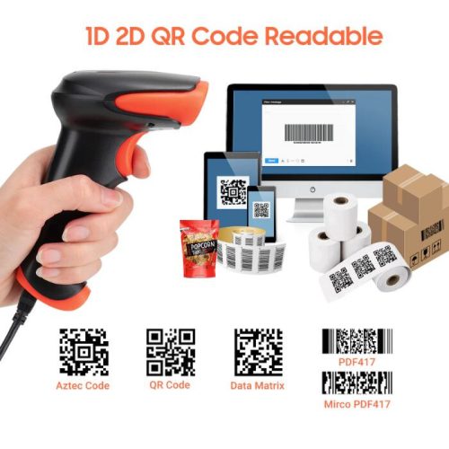 Tera HW0002-O Professioneller kabelloser 1D/2D-Barcodescanner mit USB-Kabel – Orange