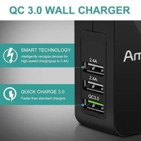   Amoner Schnellladegerät, USB-Netzwerk-Ladegerät, Adapter mit 3 Anschlüssen (schwarz)