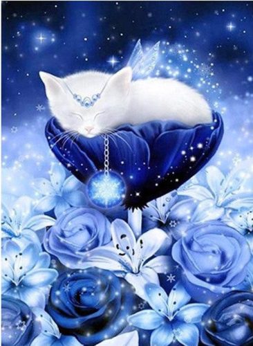 Diamond Painting Nacht mit Blumen- und Katzenmuster 35 x 25 cm