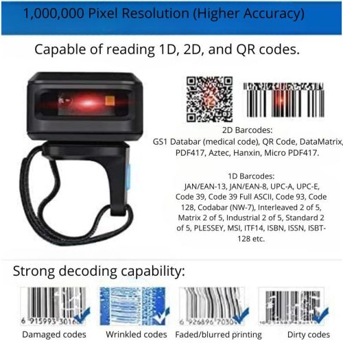 Tera HW0003 Drahtloser Ring-Barcodescanner – 1D/2D, QR-Code, Bluetooth, USB, 2, 4GHz