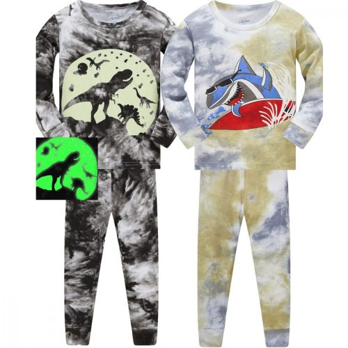 LOLPIP Jungen-Langarm-Pyjama-Set aus Baumwolle für 5-Jährige, 2-teilig (Haifisch und Dinosaurier)