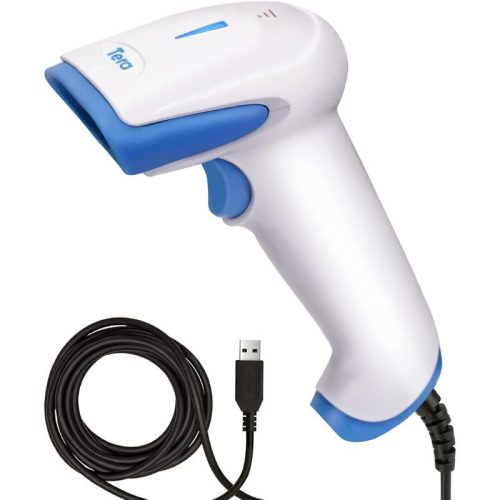 Tera 3106 Laser 1D USB Kabelgebundener tragbarer Barcode-Scanner – Plug and Play, antibakteriell, Weiß/Blau