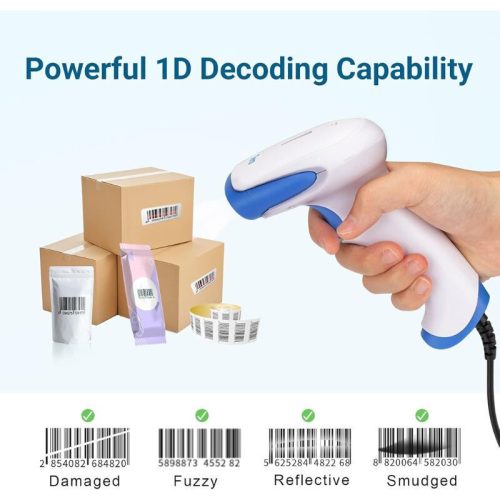 Tera 3106 Laser 1D USB Kabelgebundener tragbarer Barcode-Scanner – Plug and Play, antibakteriell, Weiß/Blau