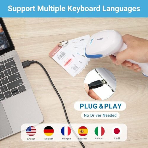 Tera 3106 Laser 1D USB Kabelgebundener tragbarer Barcode-Scanner – Plug and Play, antibakteriell, Weiß/Blau