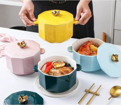 Dwax japanische glasierte Keramik-Ramen-Nudelschüssel mit Deckel, 1000 ml (blau)