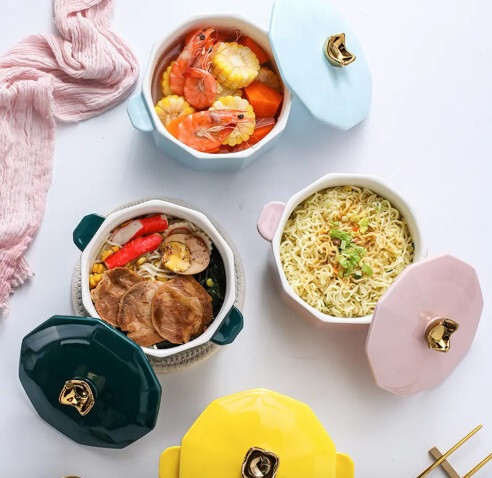 Dwax Japanische glasierte Keramik-Ramen-Nudelschüssel mit Deckel, 1000 ml (Rosa)
