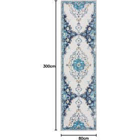   Taleta Durham Blau-Weiß-Blumenteppich für den Innenbereich, 80 x 300 cm