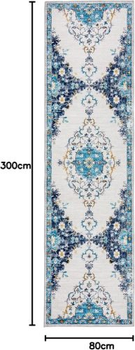 Taleta Durham Blau-Weiß-Blumenteppich für den Innenbereich, 80 x 300 cm