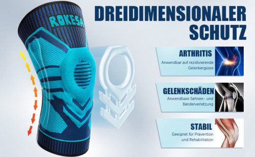 Rokesa Kniebandage, professionelle Schmerzlinderung mit Seitenstabilisatoren und Patella-Gel, Größe L (Türkisblau)