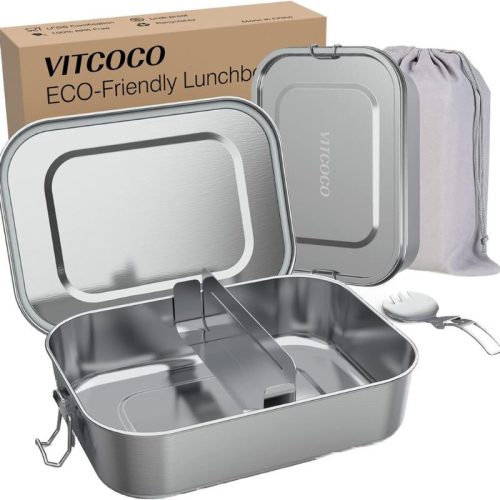 VITCOCO Auslaufsicherer Bento-Lebensmittelbehälter aus Edelstahl, 1200 ml, Farbe: Silber
