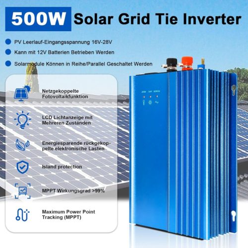 ARCELI 500 W 12 V netzgekoppelter Solar-Wechselrichter – MPPT-Mikro-Wechselrichter, PV-Wechselrichter (blau)
