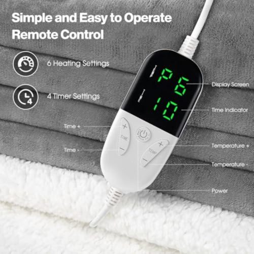 OneAmg Elektrische Heizdecke – Flanell-Heizdecke 160 x 180 cm, Grau