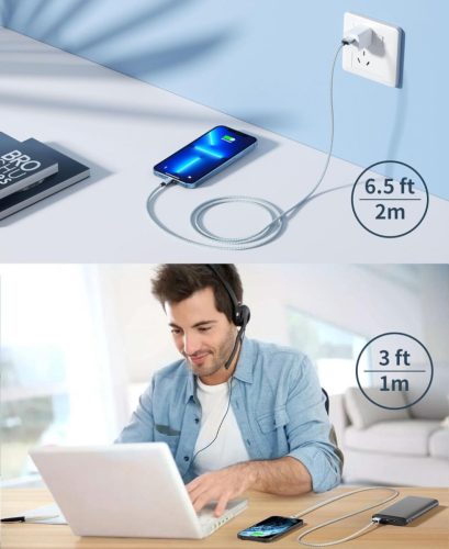 iPhone Ladegerät geflochtenes Nylon 3 Stück: 1m + 2 m/2 Stück (weiß-grau)